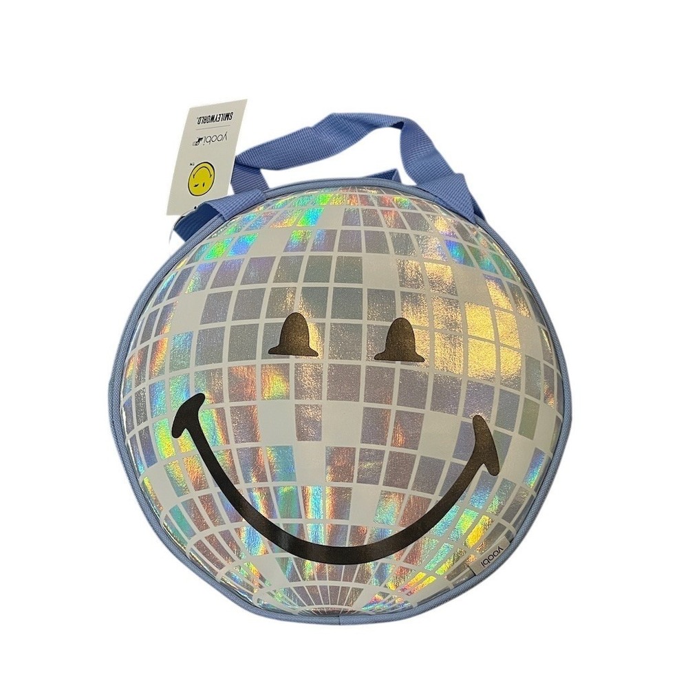 Yoobi x SmileyWorld Round Disco Ball Lunch Tote Bag Blue Holographic